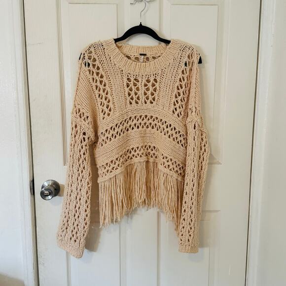Free People Women’s Higher Love Crochet Open Knit Boho Sweater Cream Size XS - Picture 1 of 9